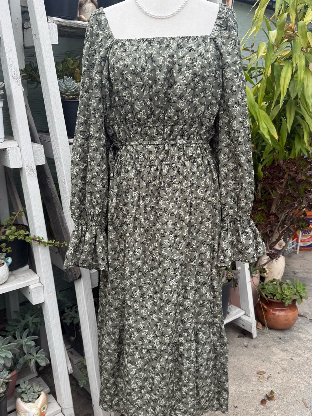Very J Olive Floral Square Neck Long Sleeve Midi Dress